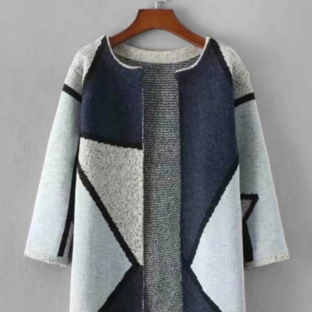 Geometric Pattern Open Long Knit Cardigan